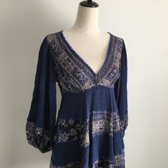 FREE PEOPLE Blue MultiColor Mixed Fabric Applique Long Sleeve Boheme Dress - Picture 6 of 11
